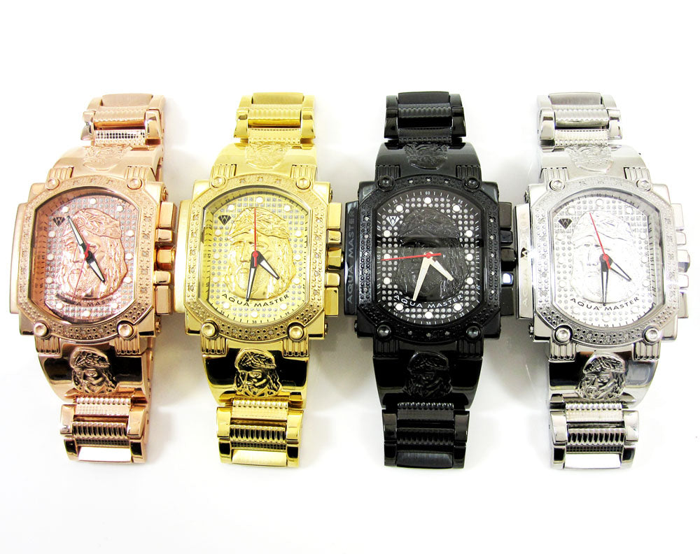 Mens Aqua Master Stainless Steel Diamond Jesus Face Watch 0.20CT