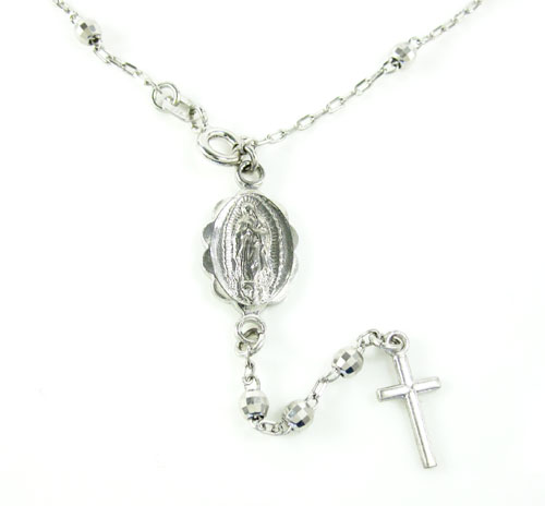 10K White Gold Diamond Cut Rosary Bead Bracelet With Cross 8 Inch 2 ...