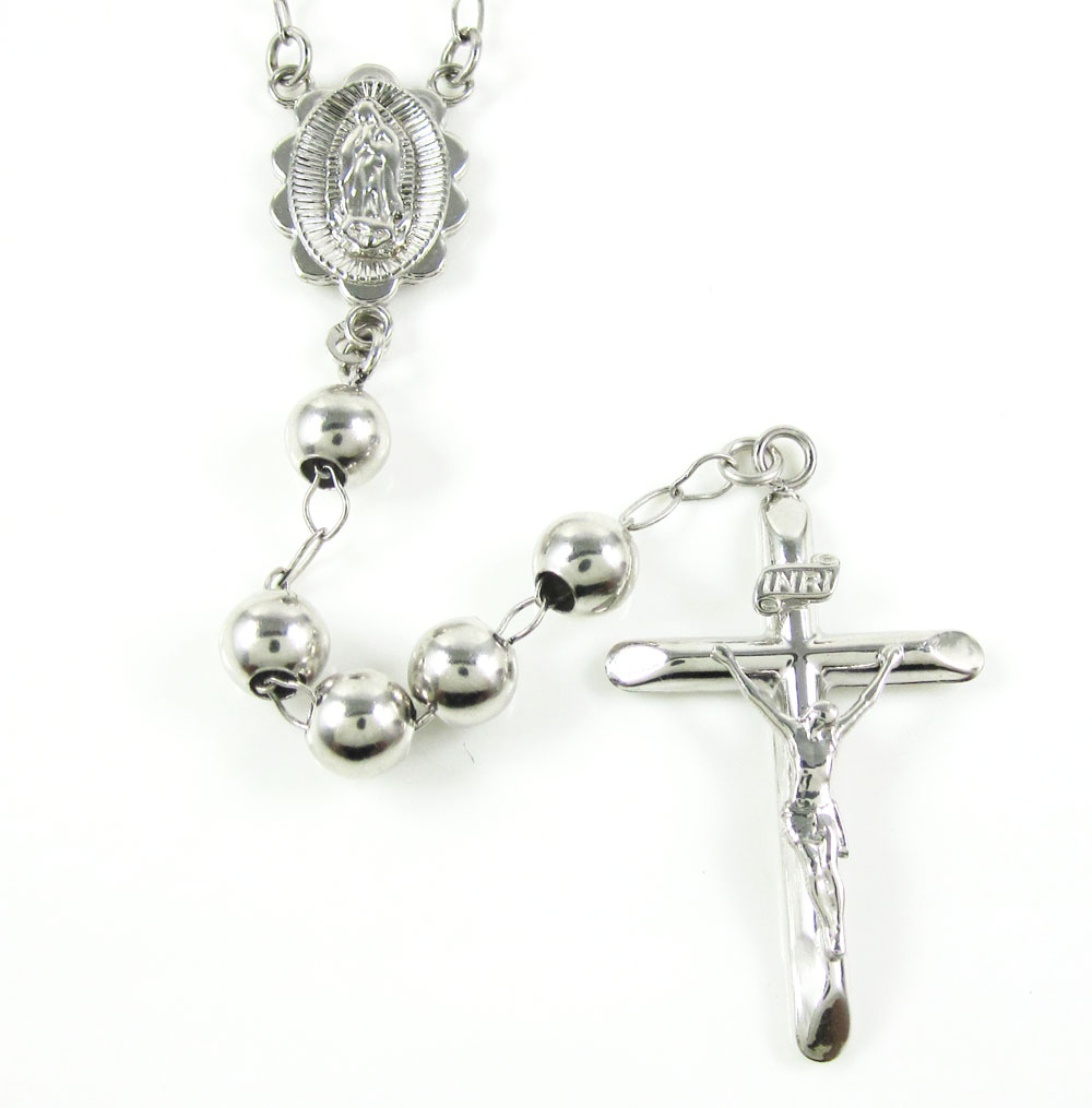 10K White Gold Smooth Bead Rosary Chain 6mm 28.70 Grams
