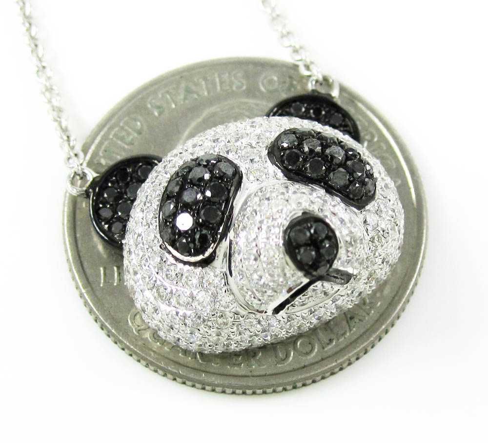 Ladies 18K Solid White Gold Black  White Diamond Panda Bear Pendant ...