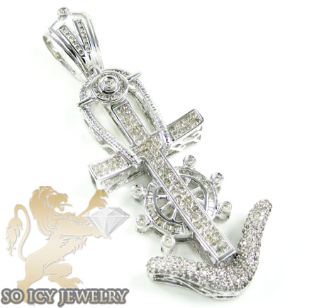 14K WHITE GOLD ANCHOR CROSS DIAMOND PENDANT 2.96CT