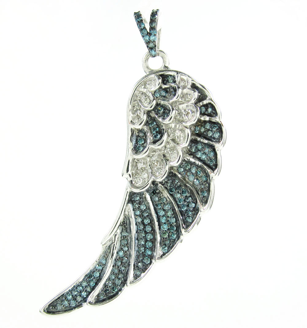 925 White Sterling Silver Blue Diamond Angel Wing Pendant 0.45CT