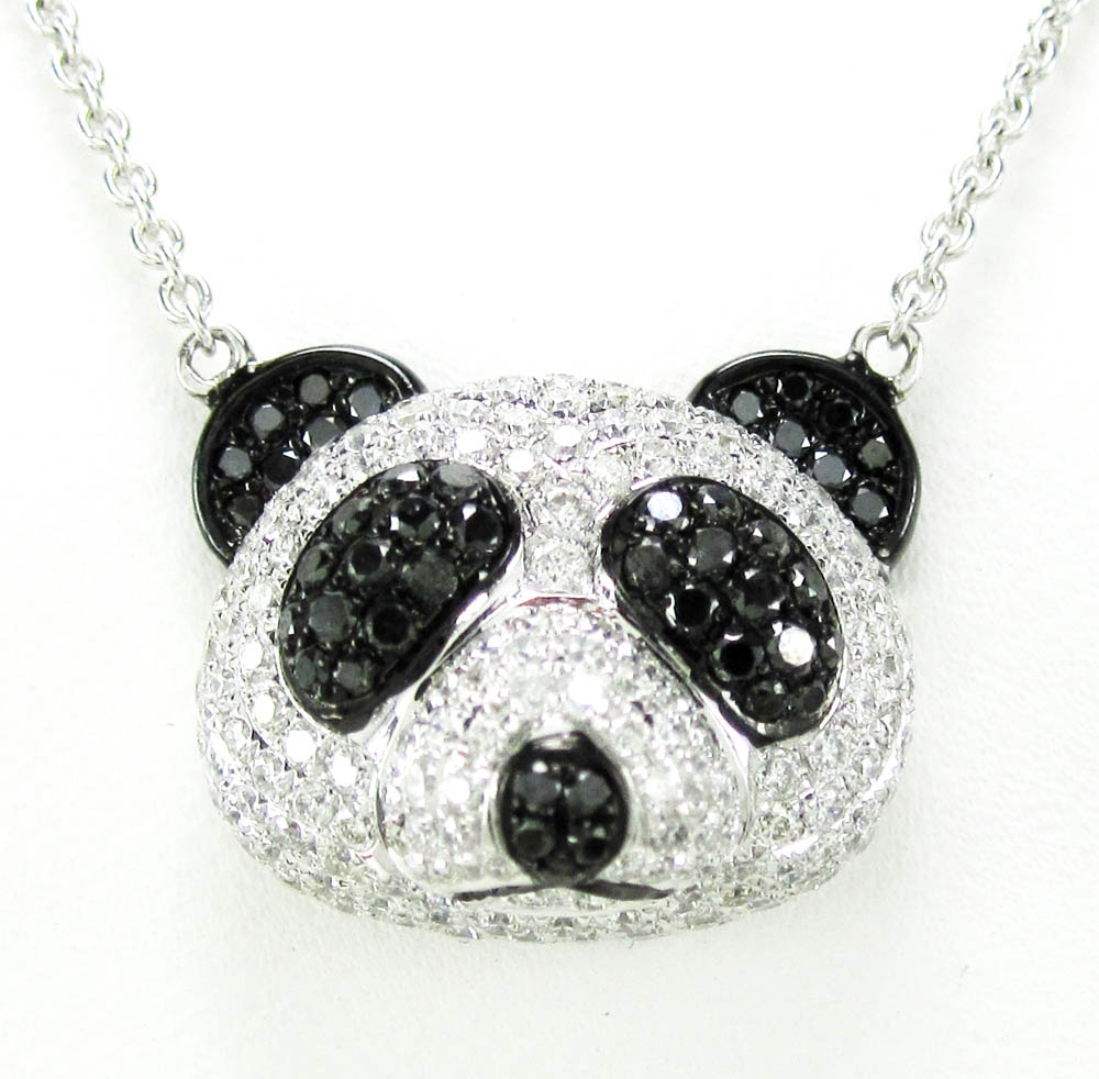 Ladies 18K Solid White Gold Black  White Diamond Panda Bear Pendant ...