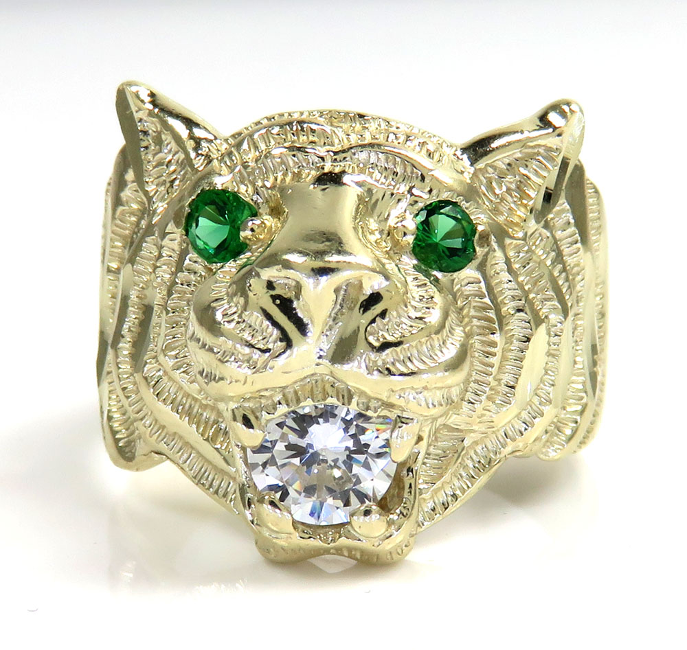 10k yellow gold green eyes cz tiger head ring 