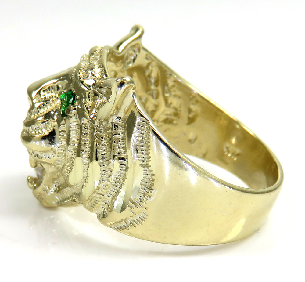 10k yellow gold green eyes cz tiger head ring 