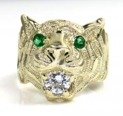10k yellow gold green eyes cz tiger head ring 