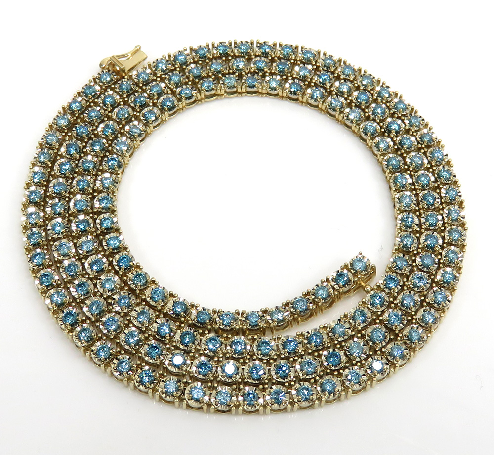 14k yellow gold round 5 pointer blue diamond illusion tennis chain 3.70mm 4.80ct 16-26
