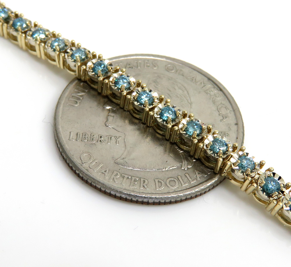 14k yellow gold round 5 pointer blue diamond illusion tennis chain 3.70mm 4.80ct 16-26