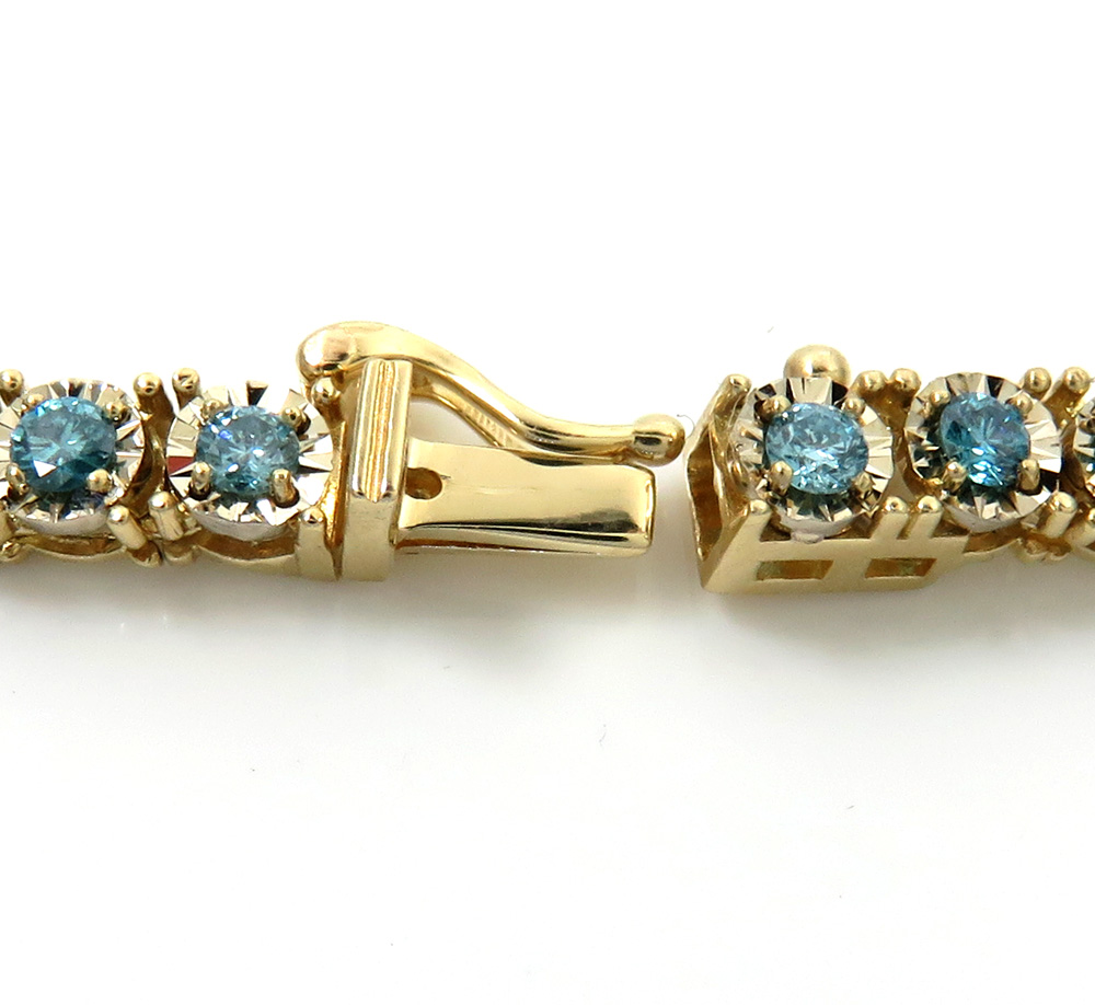 14k yellow gold round 5 pointer blue diamond illusion tennis chain 3.70mm 4.80ct 16-26