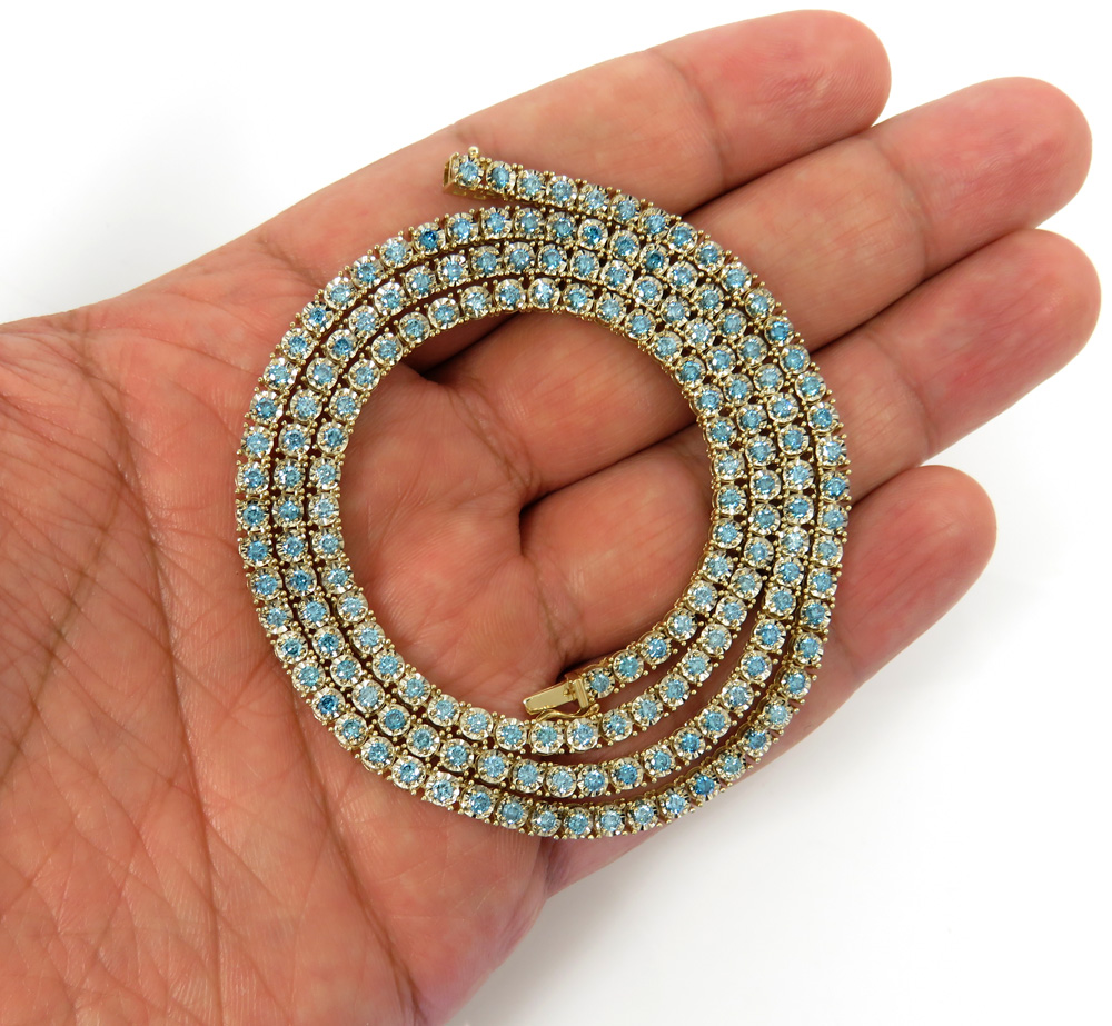 14k yellow gold round 5 pointer blue diamond illusion tennis chain 3.70mm 4.80ct 16-26