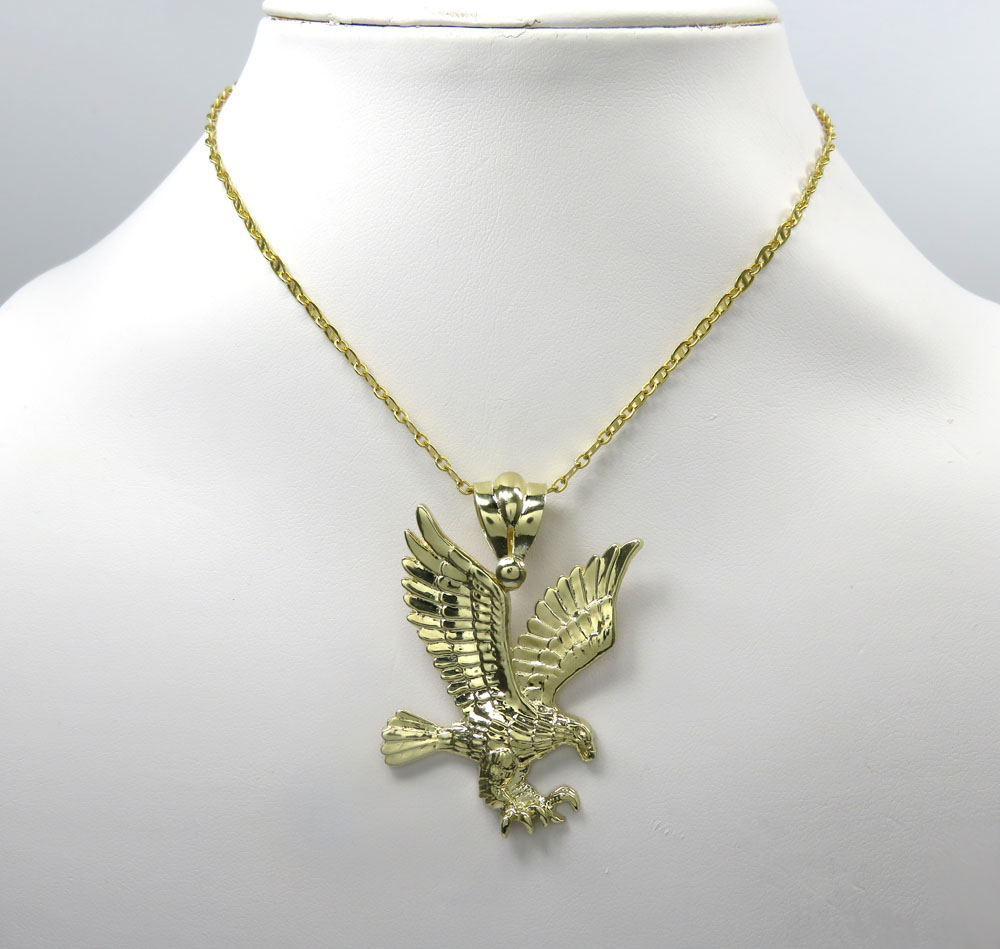 14k yellow gold medium diamond cut flying eagle pendant - Image 6