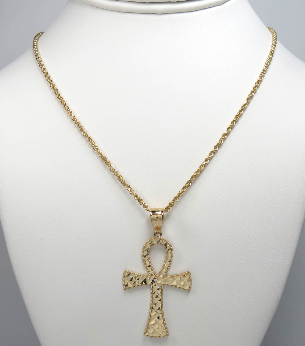 14k yellow gold large diamond cut fancy ankh cross 