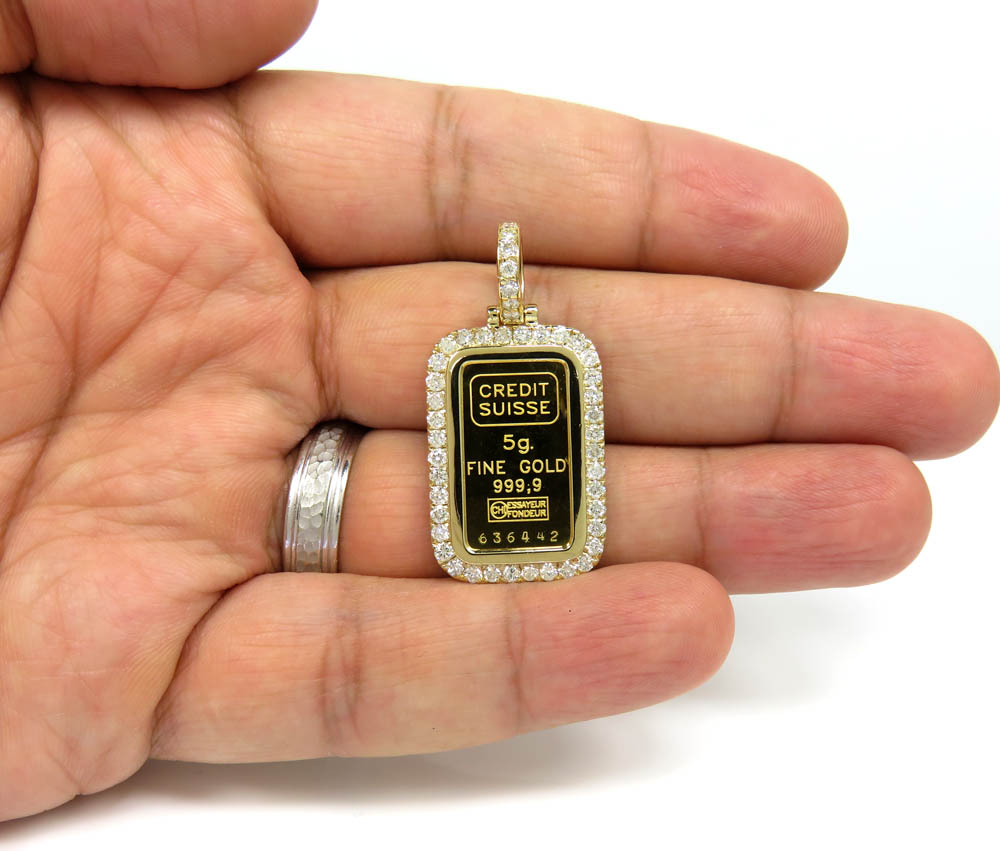 14k yellow gold large diamond credit suisse bar pendant 1.35ct - Image 5