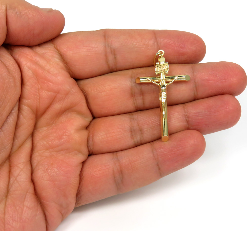 14k yellow gold large jesus tube cross pendant - Image 5