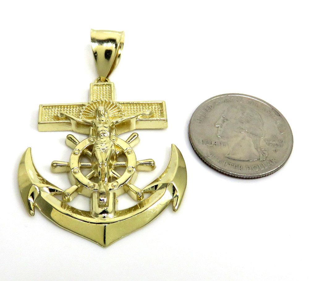 10k yellow gold large anchor jesus pendant