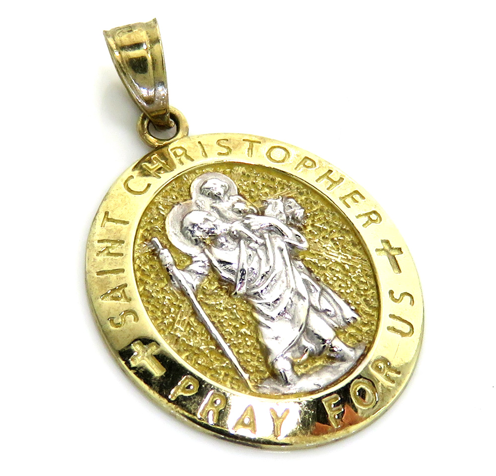10k two toned gold mini saint christopher pray for us pendant 