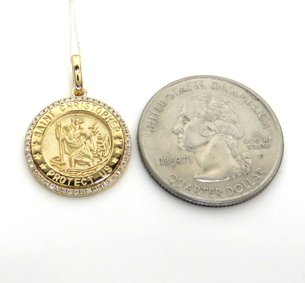 14k yellow gold diamond mini saint christopher protect us coin pendant 0.16ct