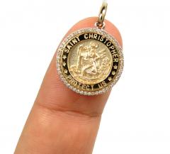 14k yellow gold diamond mini saint christopher protect us coin pendant 0.16ct
