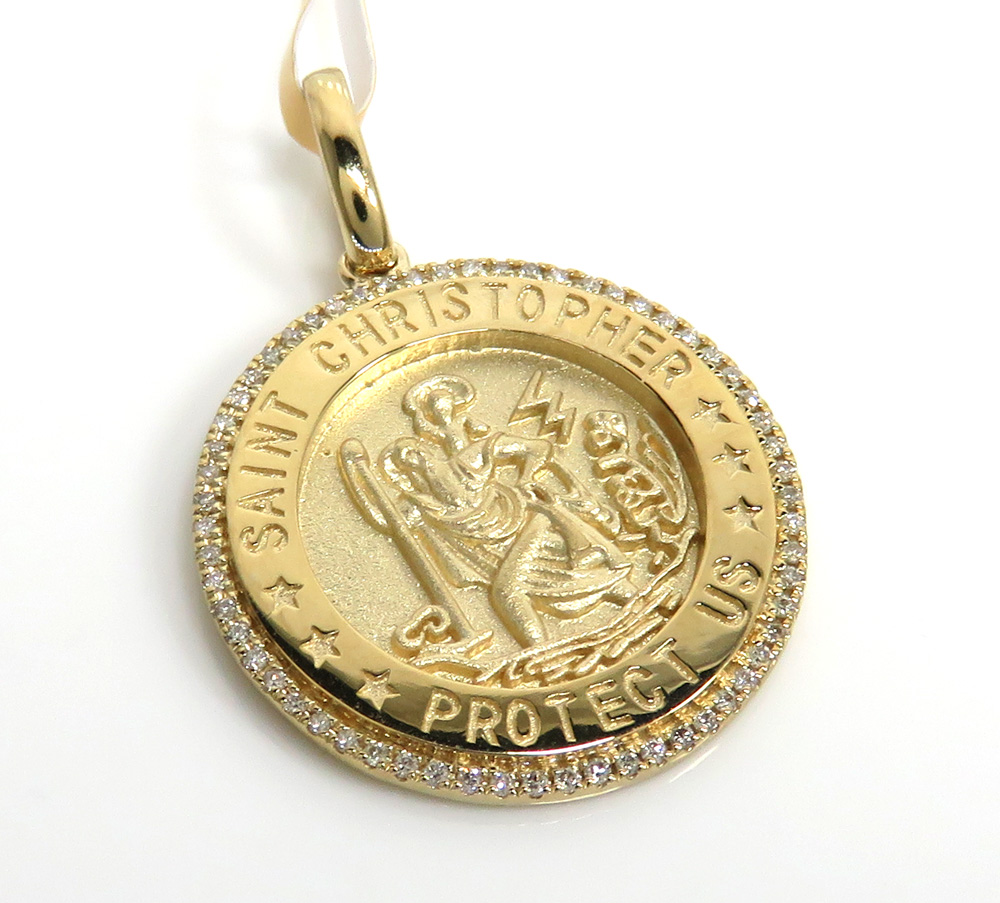 14k yellow gold diamond small saint christopher protect us coin pendant 0.20ct