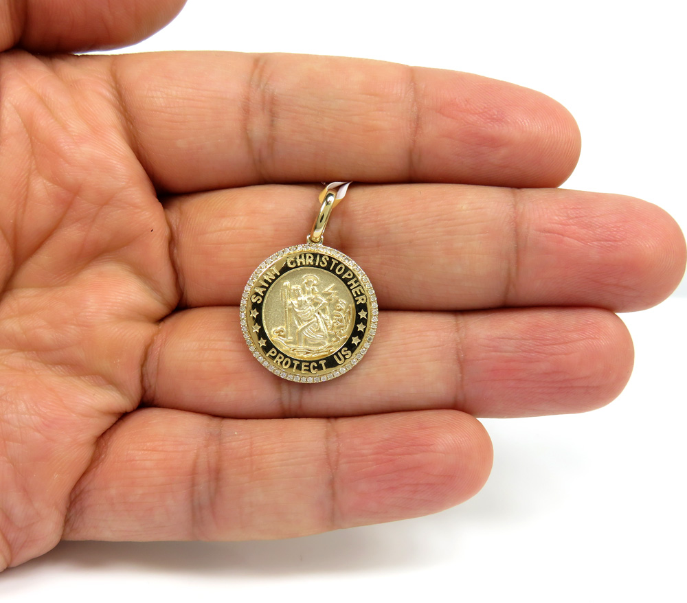 14k yellow gold diamond small saint christopher protect us coin pendant 0.20ct - Image 6