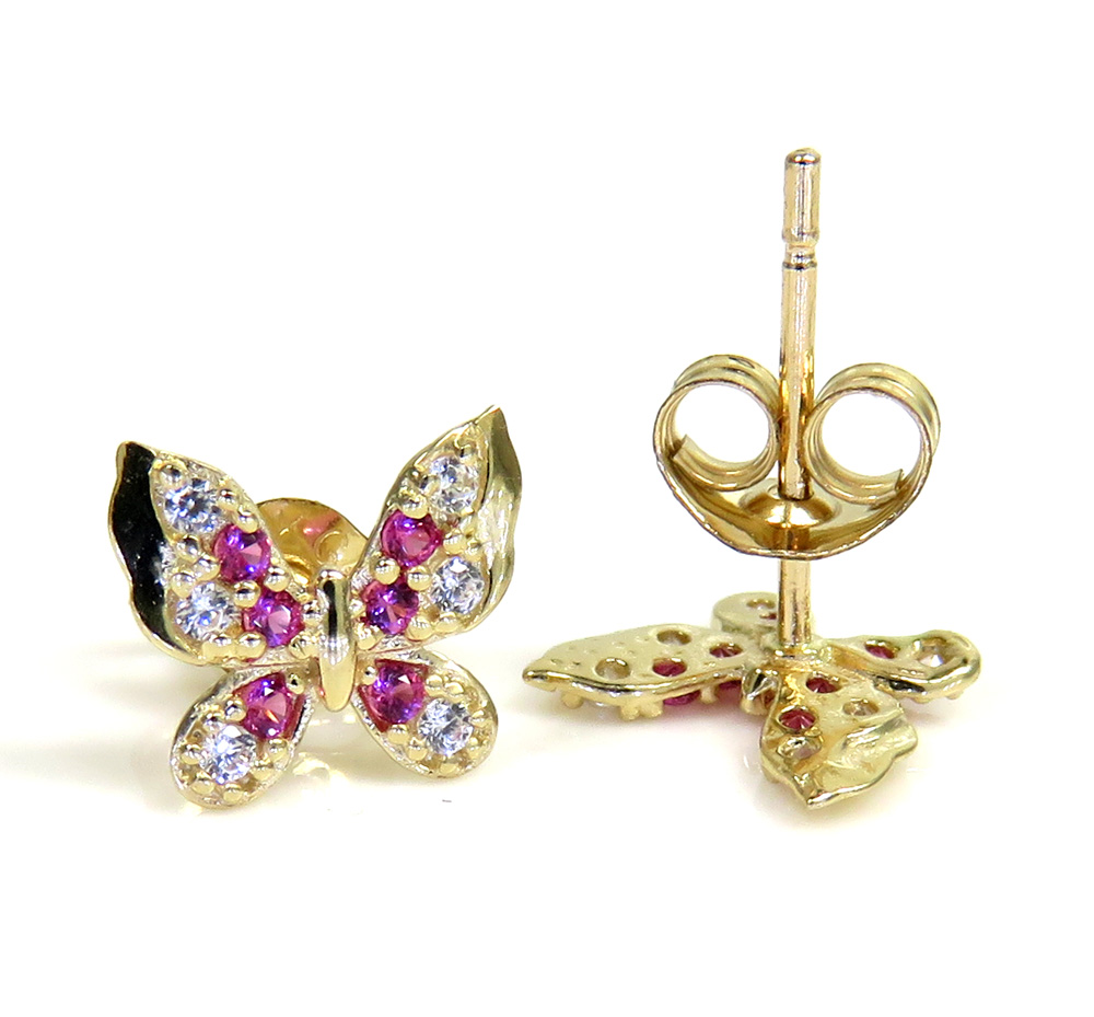 14k yellow gold pink & white cz mini butterfly earrings 0.10ct - Image 2