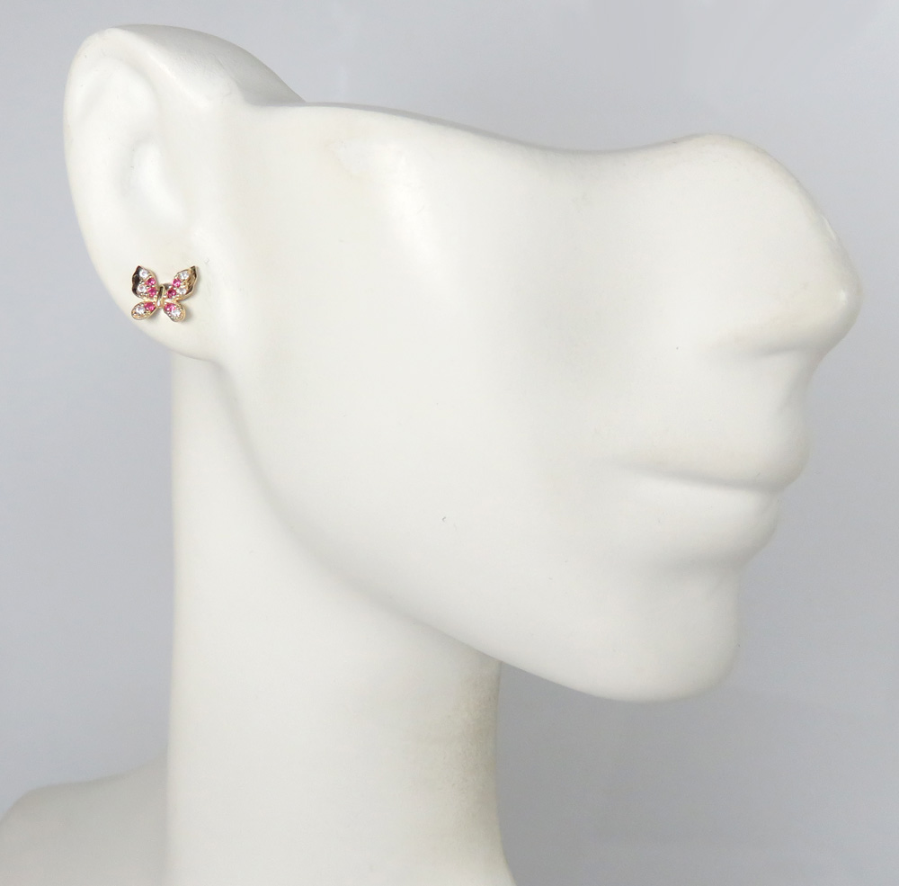 14k yellow gold pink & white cz mini butterfly earrings 0.10ct - Image 3