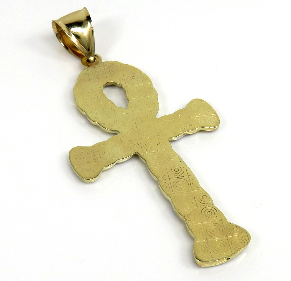 10k yellow gold large hollow diamond cut cuban ankh cross 