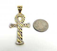 10k yellow gold large hollow diamond cut cuban ankh cross 