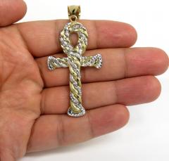 10k yellow gold large hollow diamond cut cuban ankh cross 