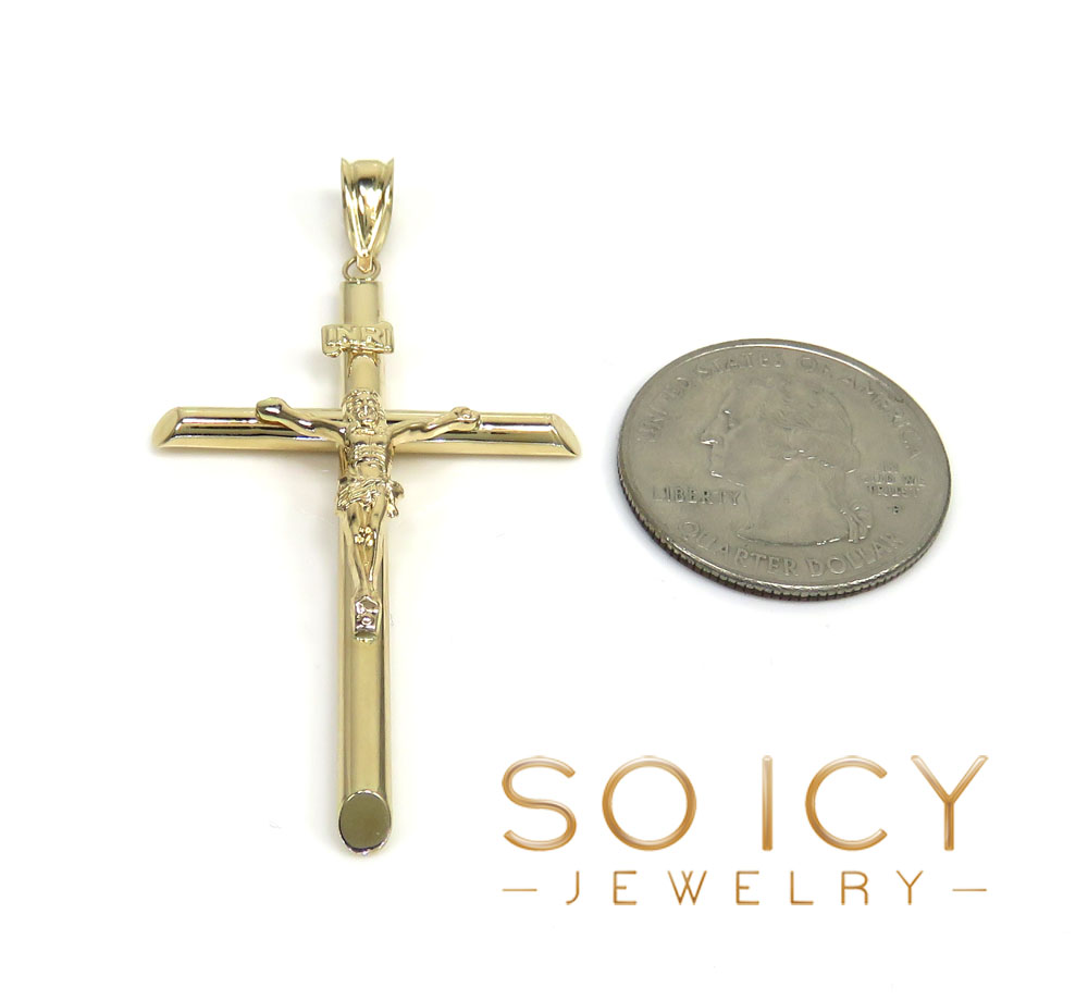 14k yellow gold large jesus tube cross pendant 