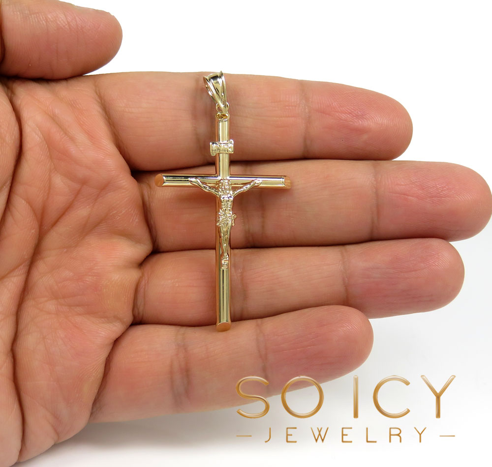 14k yellow gold large jesus tube cross pendant 