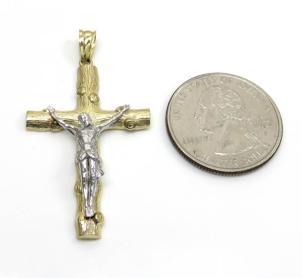 14k solid two tone medium bark wood finish jesus cross - Image 2
