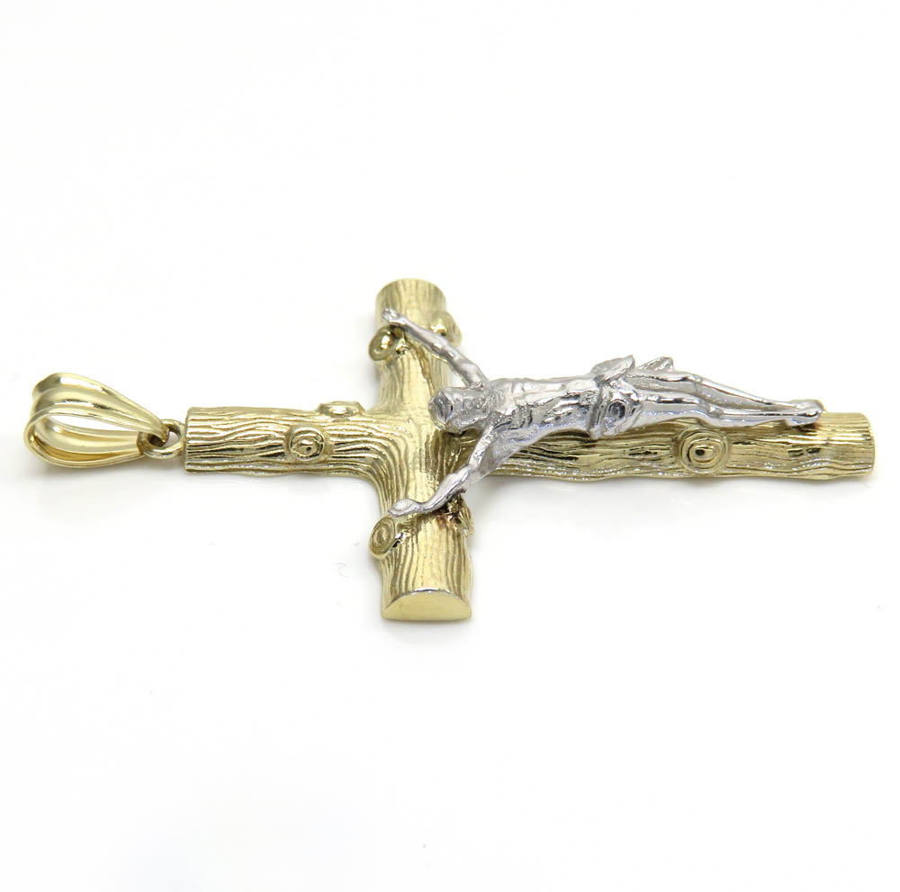 14k solid two tone medium bark wood finish jesus cross - Image 3