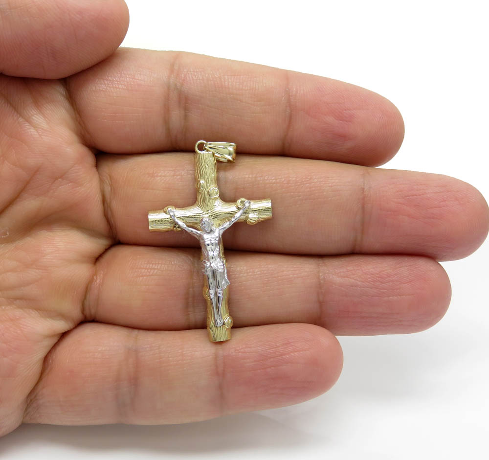 14k solid two tone medium bark wood finish jesus cross - Image 5
