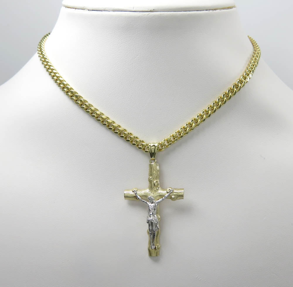 14k solid two tone medium bark wood finish jesus cross - Image 6