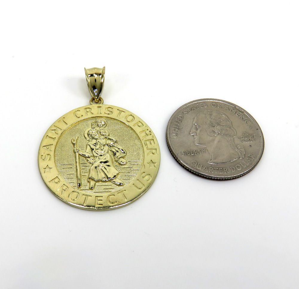 10k yellow gold large saint christopher protect us coin pendant 