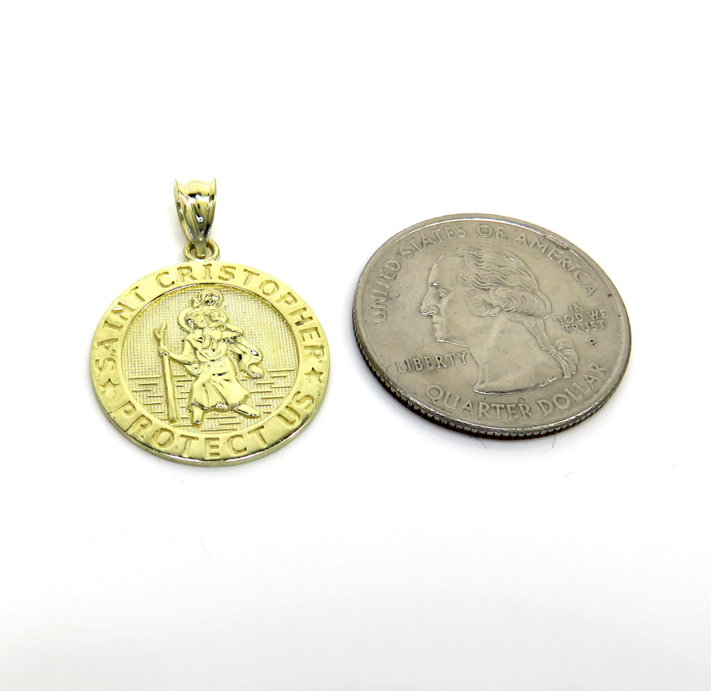 10k yellow gold small saint christopher protect us coin pendant 