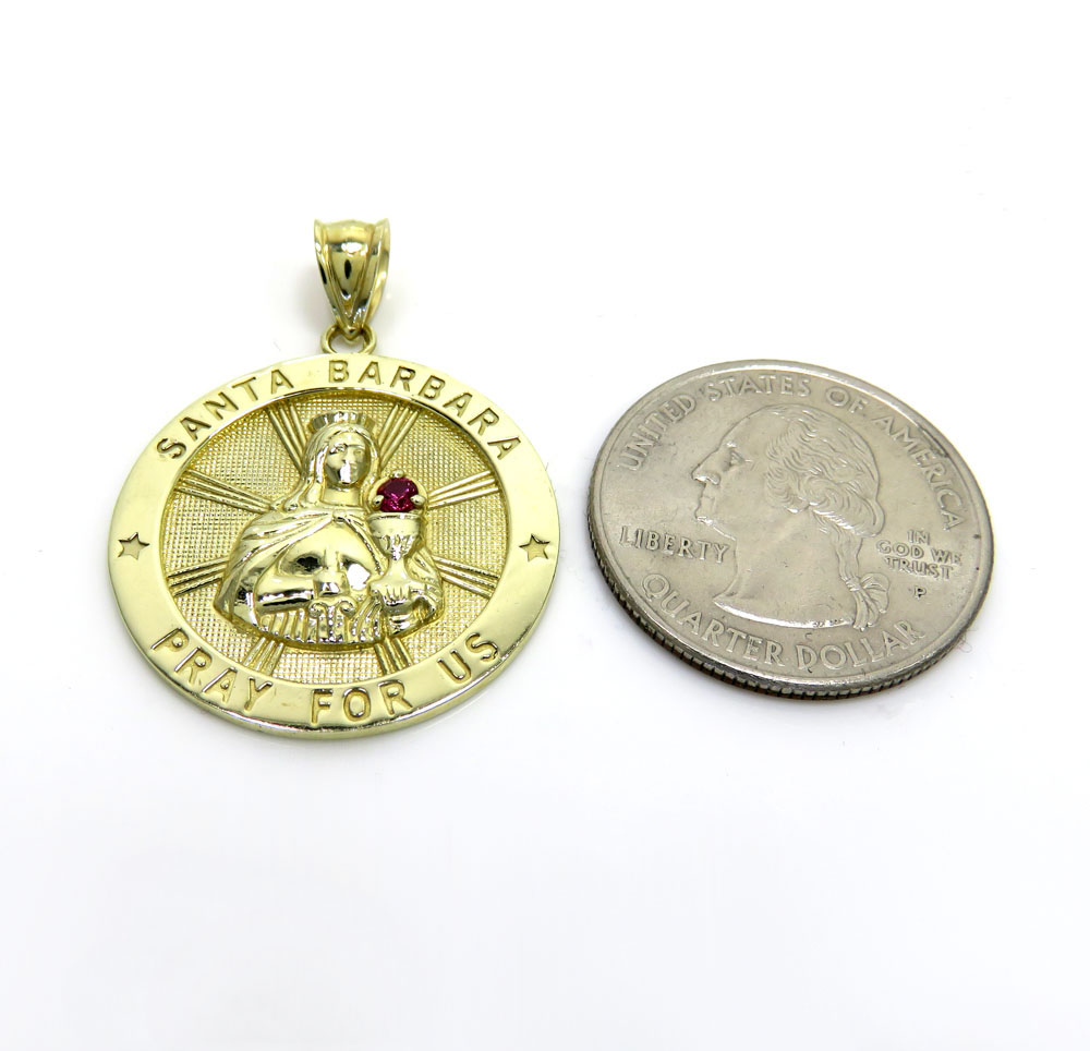 10k yellow gold large santa barbara pray for us red cz pendant 0.10ct - Image 2