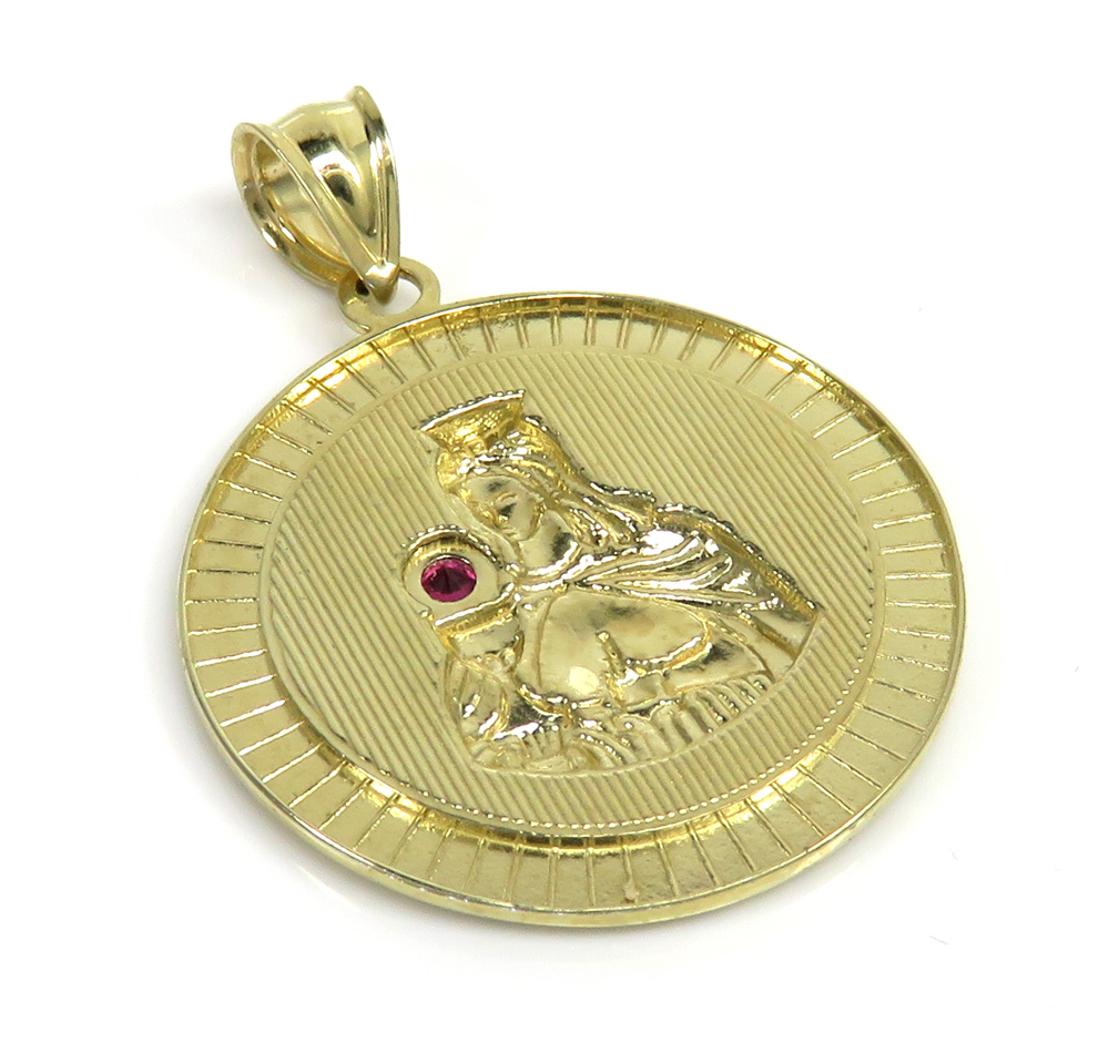 10k yellow gold large santa barbara pray for us red cz pendant 0.10ct