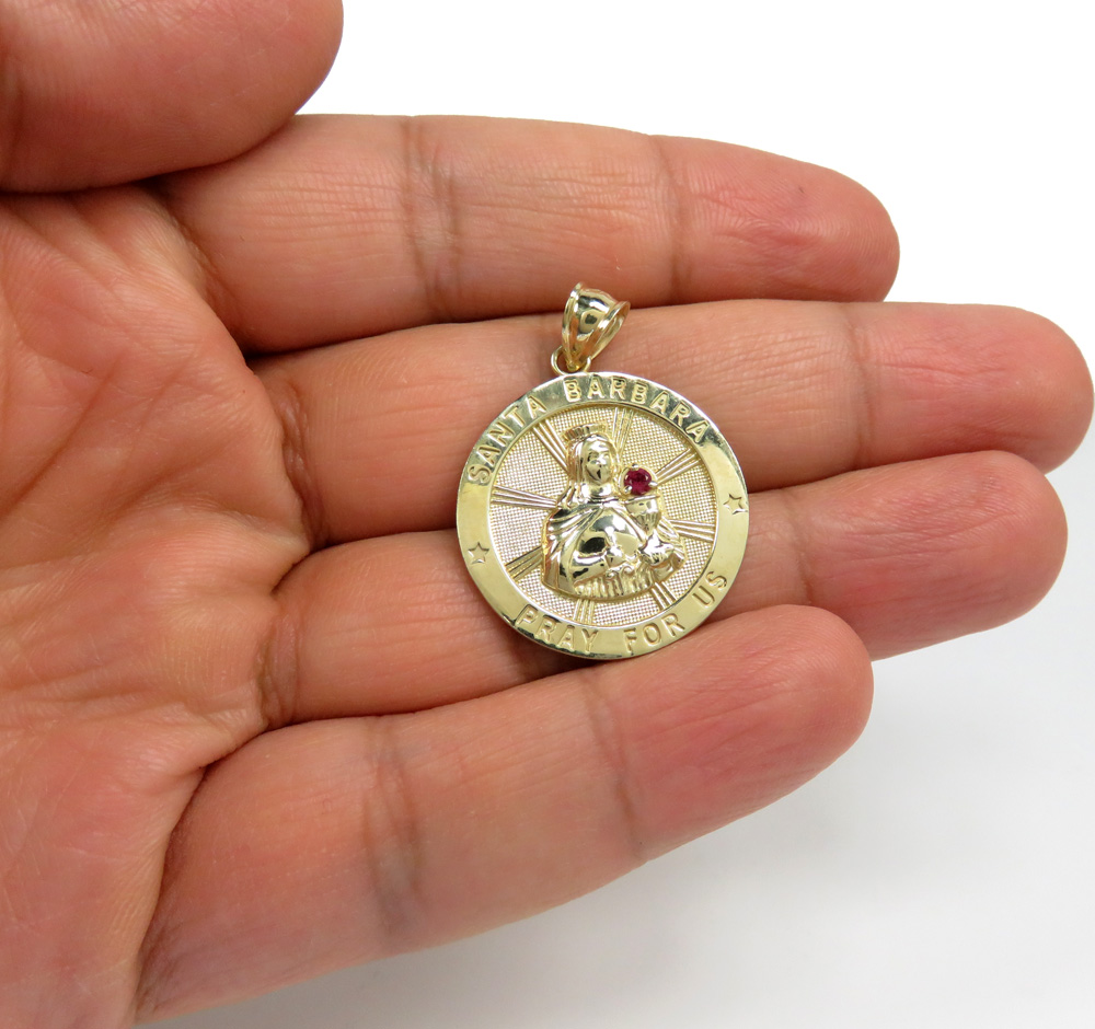 10k yellow gold large santa barbara pray for us red cz pendant 0.10ct
