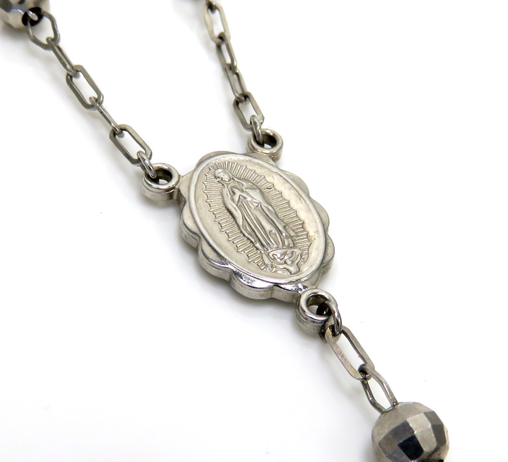 10k white gold diamond cut bead rosary chain 26 inch 5mm