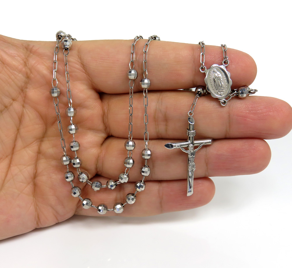 10k white gold diamond cut bead rosary chain 26 inch 5mm