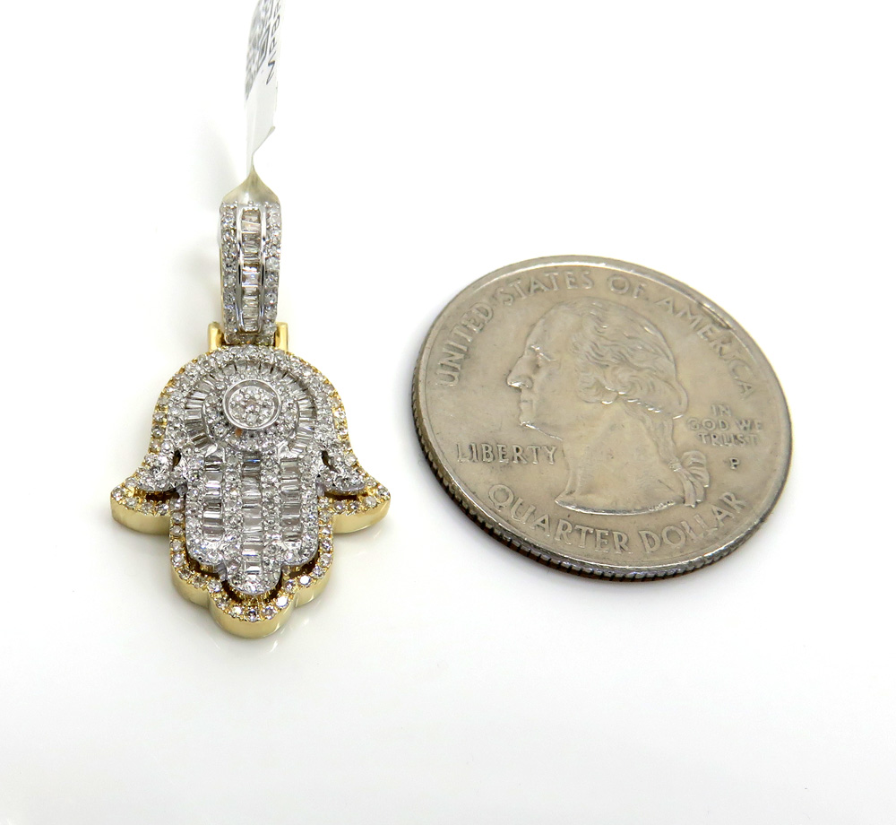 14k gold baguette diamond small double layered hamsa pendant 0.70ct - Image 2