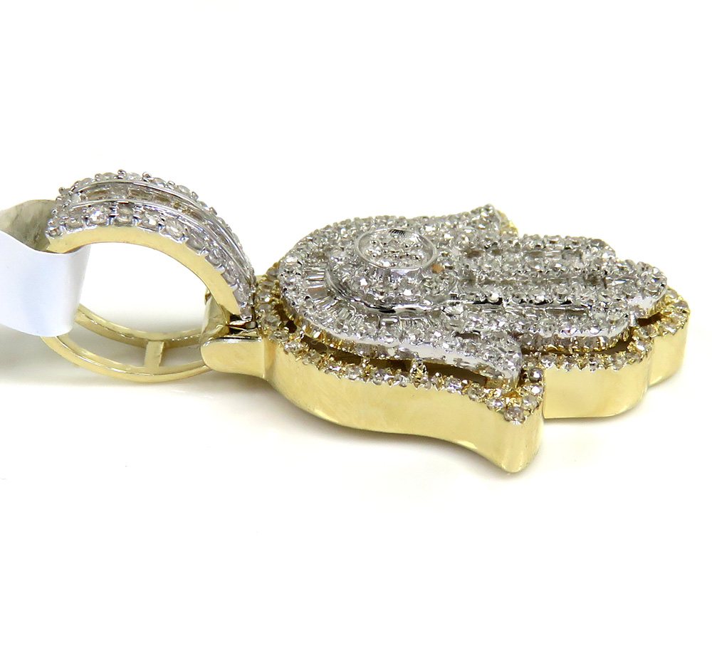 14k gold baguette diamond small double layered hamsa pendant 0.70ct