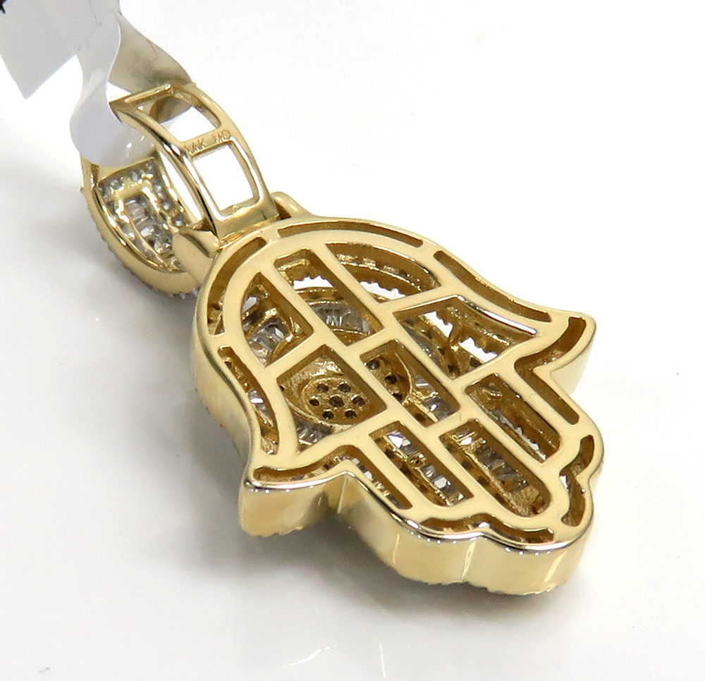 14k gold baguette diamond small double layered hamsa pendant 0.70ct