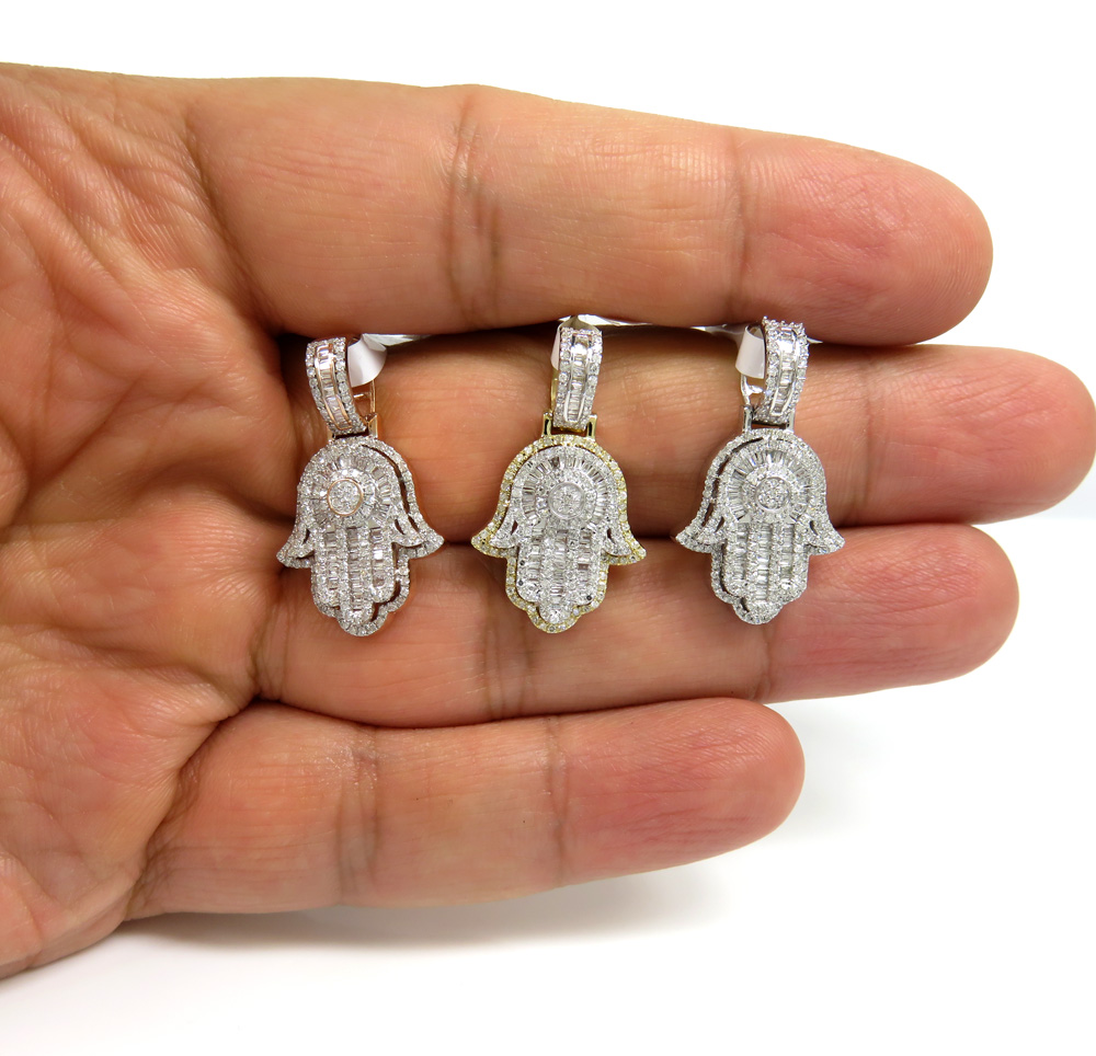 14k gold baguette diamond small double layered hamsa pendant 0.70ct