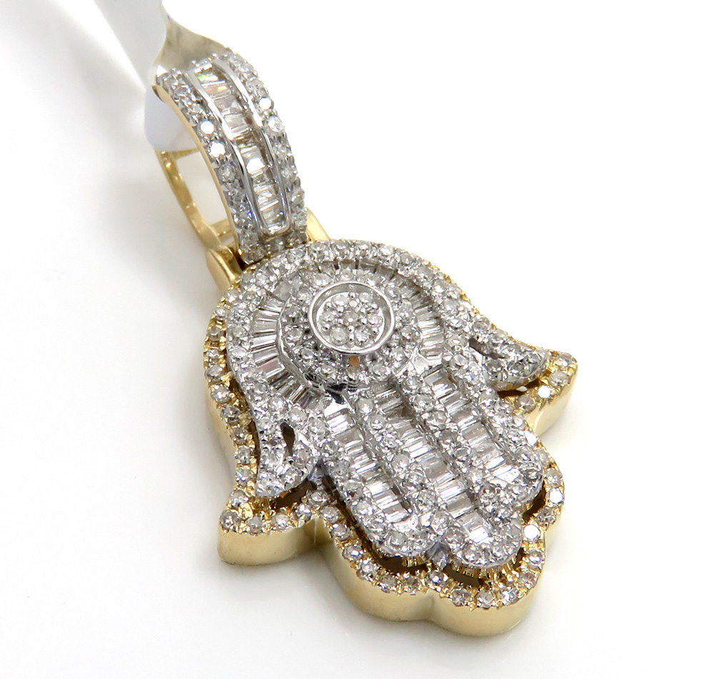 14k gold baguette diamond small double layered hamsa pendant 0.70ct - Image 6