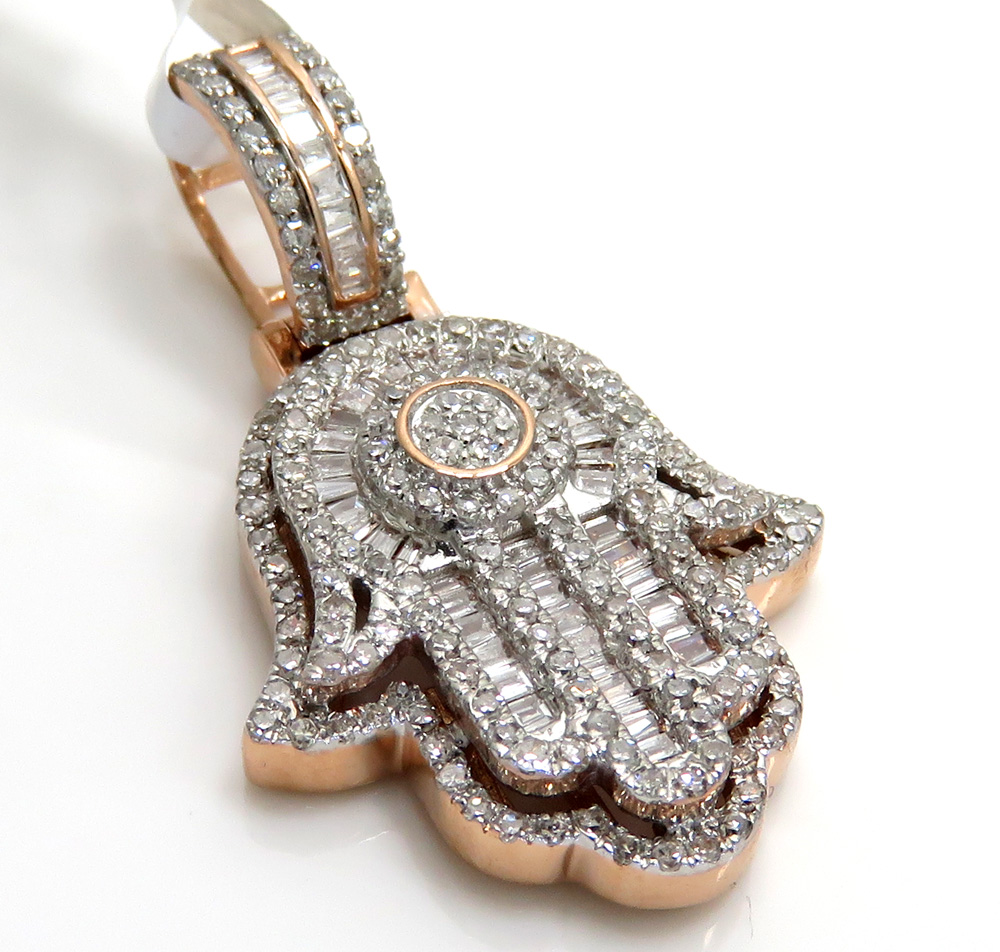 14k gold baguette diamond small double layered hamsa pendant 0.70ct - Image 8