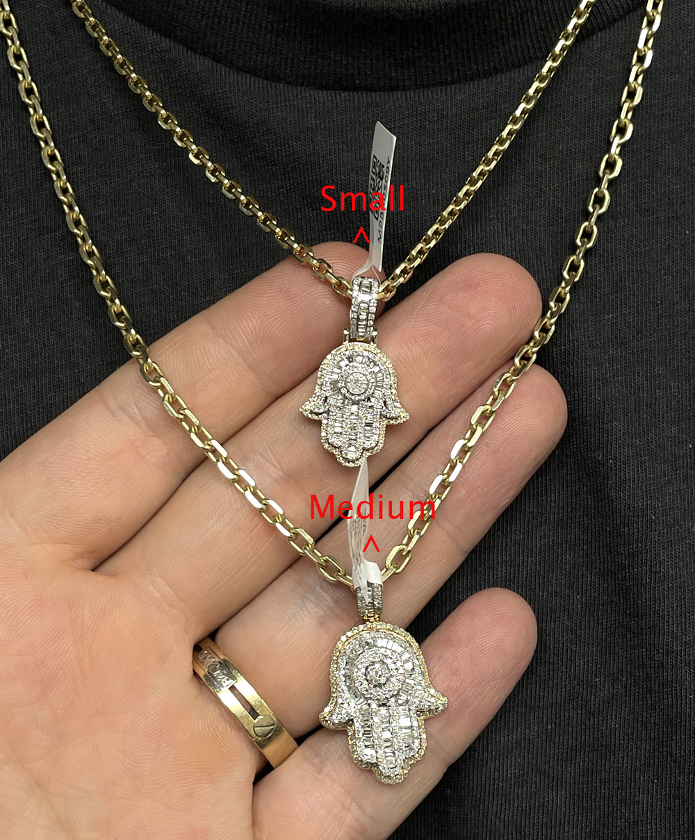 14k gold baguette diamond small double layered hamsa pendant 0.70ct