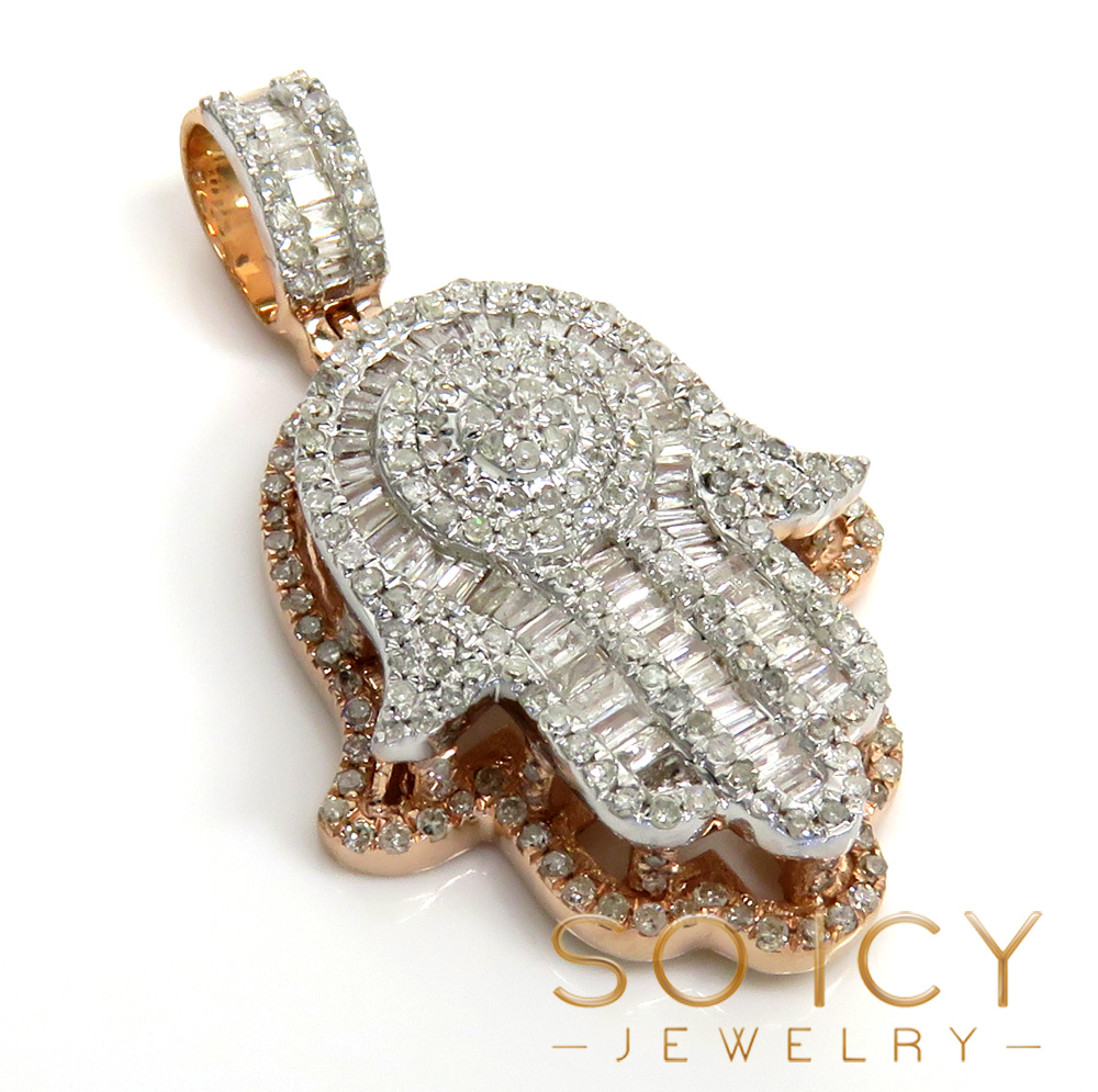 14k gold baguette diamond small double layered hamsa pendant 0.70ct